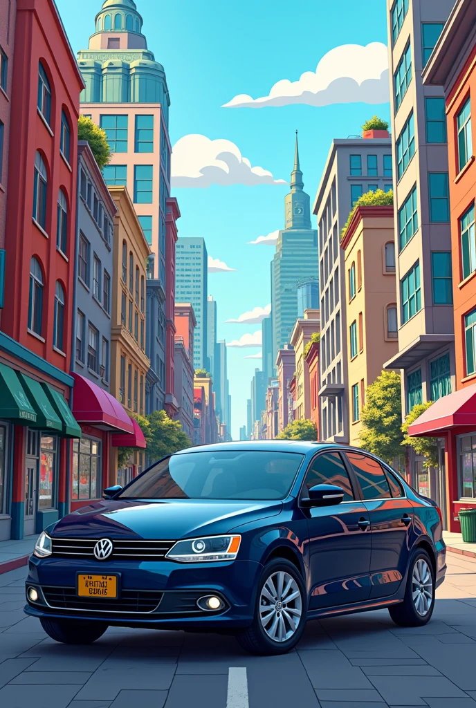 2012 dark blue Jetta Classic car with a Simpsons city background