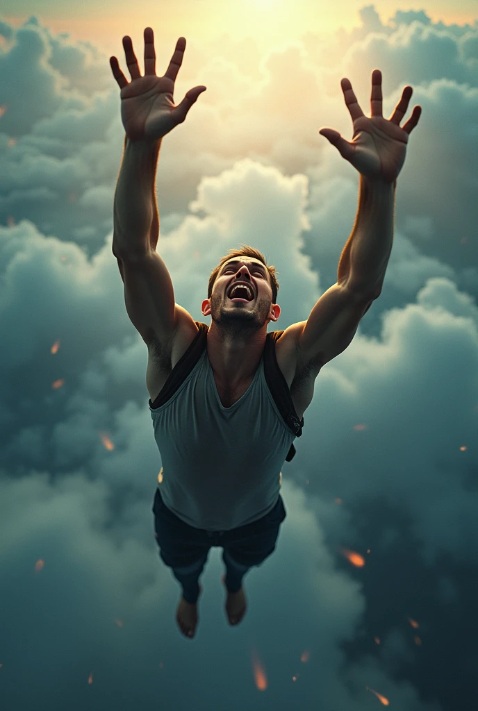 A man falling from a high place, detailed hands reaching up, dramatic action, realistic lighting, cinematic atmosphere, beautiful vibrant colors, hyperrealistic, photorealistic, 8K, best quality, masterpiece