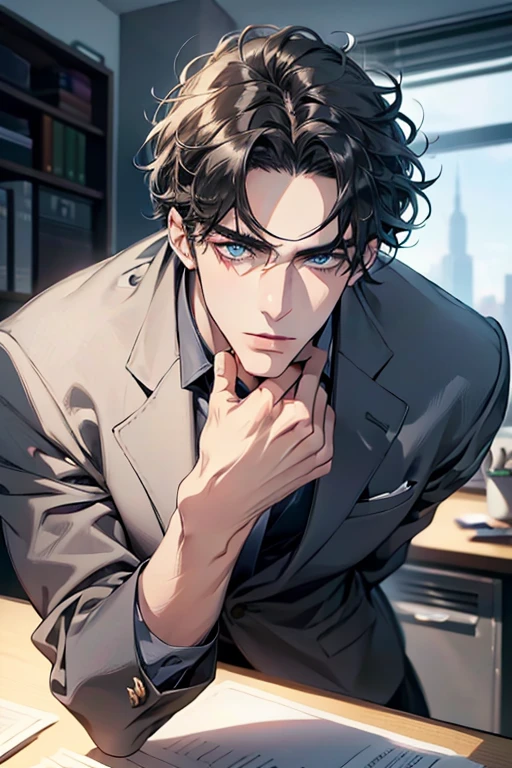(Best Quality,4k,8k,high resolution,Masterpiece:1.2),ultra detailed,(realist,photorealist,photo-realist:1.37),1 man,31 years,mature man,very handsome,without expresion,muscled body,short gray black hair,Blue eyes,glare,perfect face without mistakes,imposing posture,businessman,office background,cinematic lighting,imagen HDR