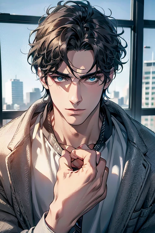 (Best Quality,4k,8k,high resolution,Masterpiece:1.2),ultra detailed,(realist,photorealist,photo-realist:1.37),1 man,31 years,mature man,very handsome,without expresion,muscled body,short gray black hair,Blue eyes,glare,perfect face without mistakes,imposing posture,businessman,office background,cinematic lighting,imagen HDR