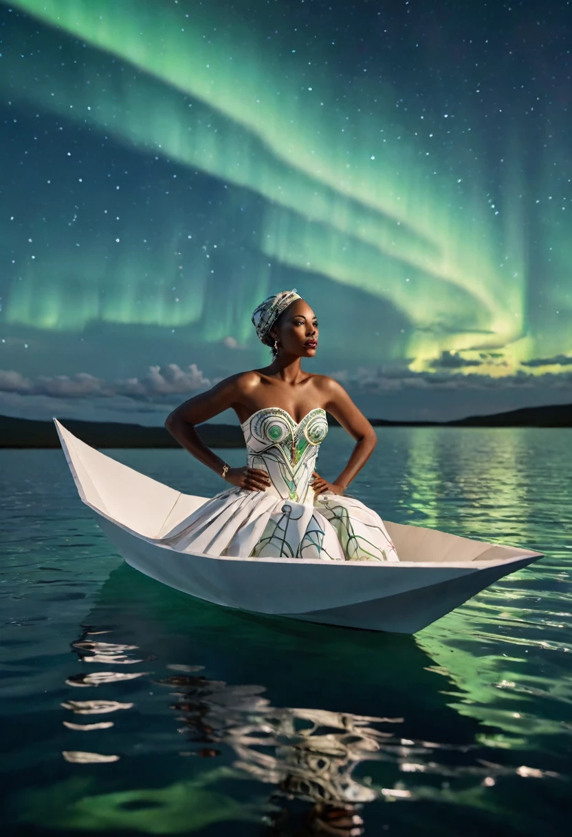A black woman sitting in a paper boat sailing on a clear ocean, clear ocean reflecting a beautiful aurora borealis shining in the sky, she's dressed in white African designed clothes, , very high detailed and clear image, providing a cinematic look like shot from a 70mm lens panavision camera, 32k high definition and high resolution images, unreal engine 5 rendered. Hyper-realistic images with high detailed features.