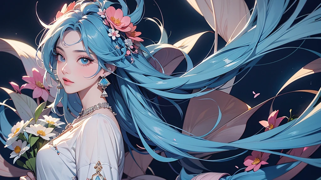 32K, 最高quality, 最高masterpiece, (ultra-Detailed Background, Detailed Background), High resolution, Super detailed, Very detailedな, 1 personの, (bouquet:1.3), (Tangled:1.2), (Geometric:1.2),(colorful),(masterpiece, quality, best quality, Official Art, Beautiful and beautiful:1.2), (1 person:1.3), Very detailed,(colorful:1.1)(Flowers:1.3),Most detailed,(Tangled:1.2), whole body, (Abstract background:1.3), (Skin glows), (Many colors:1.4), ,(Earrings Jewelry:1.5), Light Blue Background,