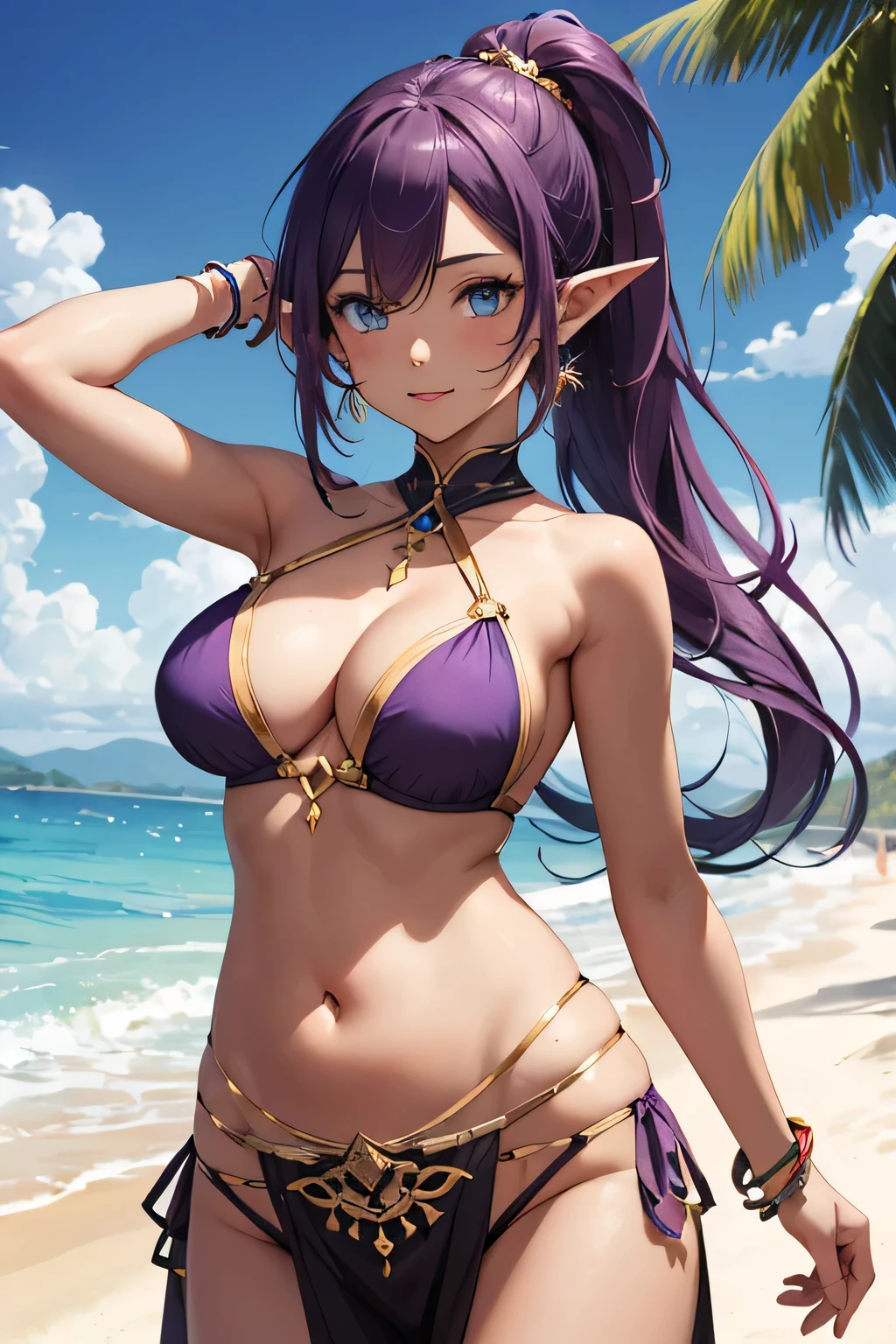 ((masterpiece)) 1 girl, pointy ears, tanned skin, very long purple hair in ponytail, belly dancer, druid clothes, light blue eyes, fiery spiral, dancing pose, beach background