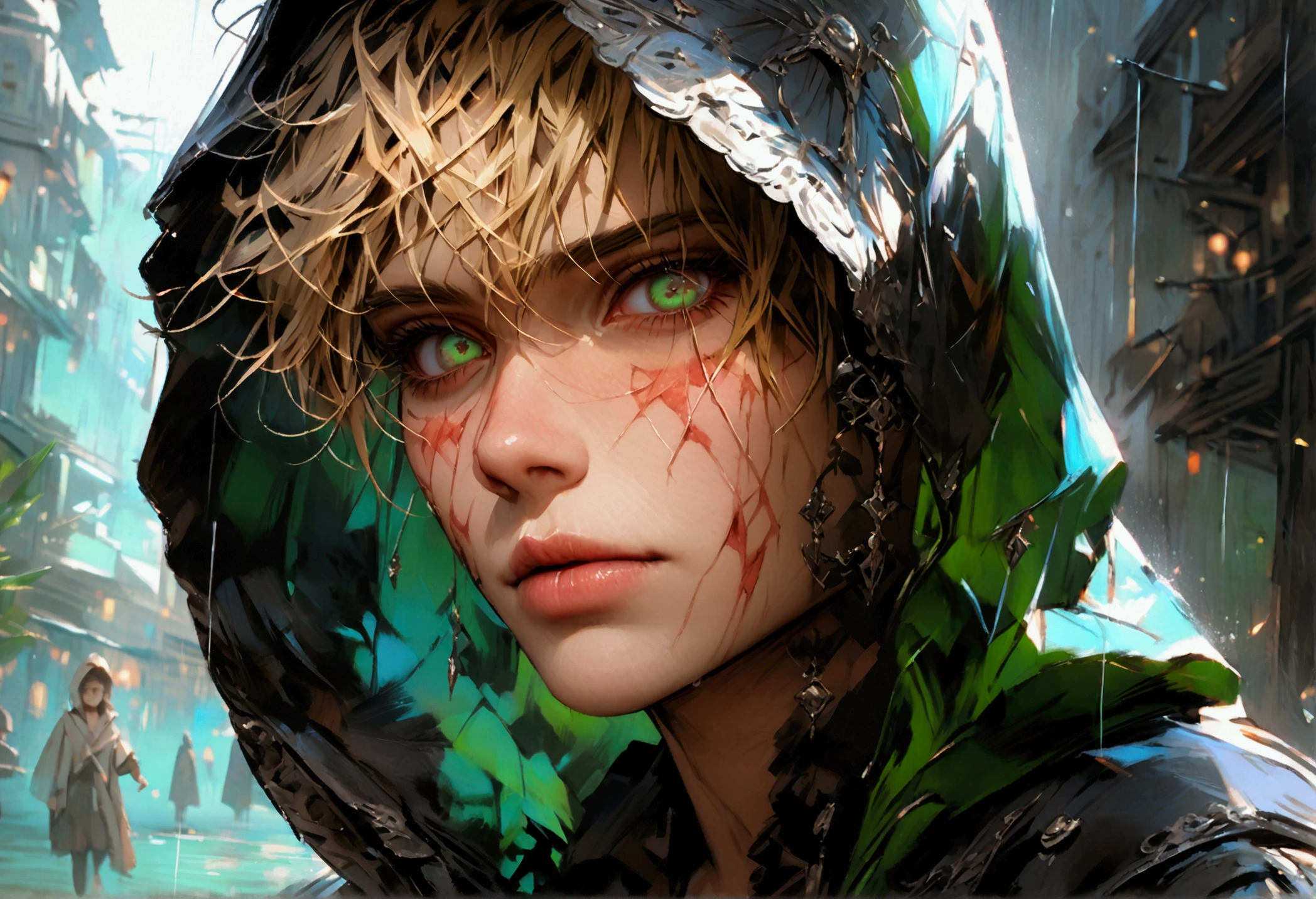 best quality, more details, masterpiece, , male focus, dark green eyes, solo, looking at viewer, hood, long hair, rain, hood up, nail polish, blonde hair, luxurious, 8k, detailed, ray tracing, depth of field, cinematic lighting, "official art", "Realistic Digital Painting with Concept Art Elements"," digital painting," "concept art," "realistic," , "detailed environment: , "high detail", "detailed face", "high-res", "ominous aura,", "8k resolution", "oil painting", "graded colors", "darker tone" , "little saturation" ,"professionally colored", "detailed features" , "detailed eyes", "full body" , "wearing mask" "complete body (upper and lower body visible in the drawing" , "Balaclava mask" "muscular physique" , "scary" , "attractive" , "scarred face"