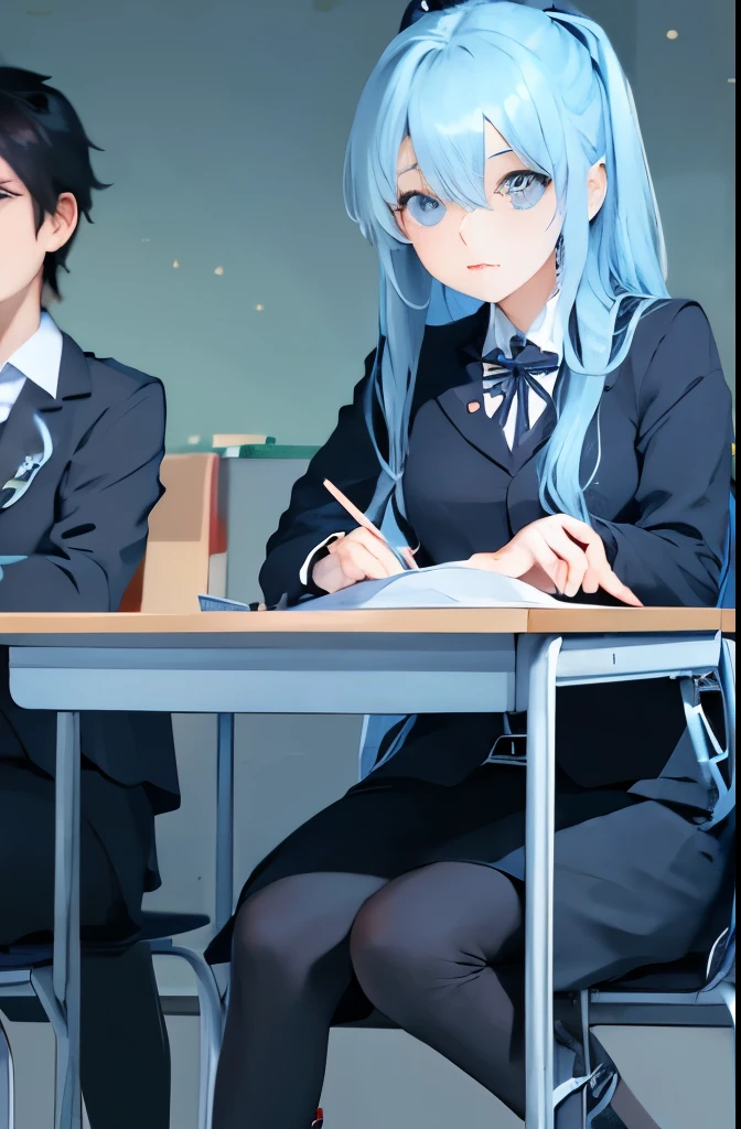 1girl, long light blue hair, dark blue, sit in class, black school modern uniform, anime