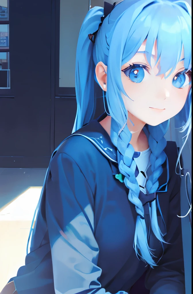 1girl, long light blue hair, dark blue, sit in class, black school modern uniform, anime