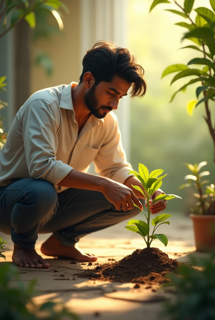 **Rajesh Watering the Plant**: Rajesh is seen daily watering the plant, which is now slightly bigger. He looks more hopeful and focused as he tends to the plant.