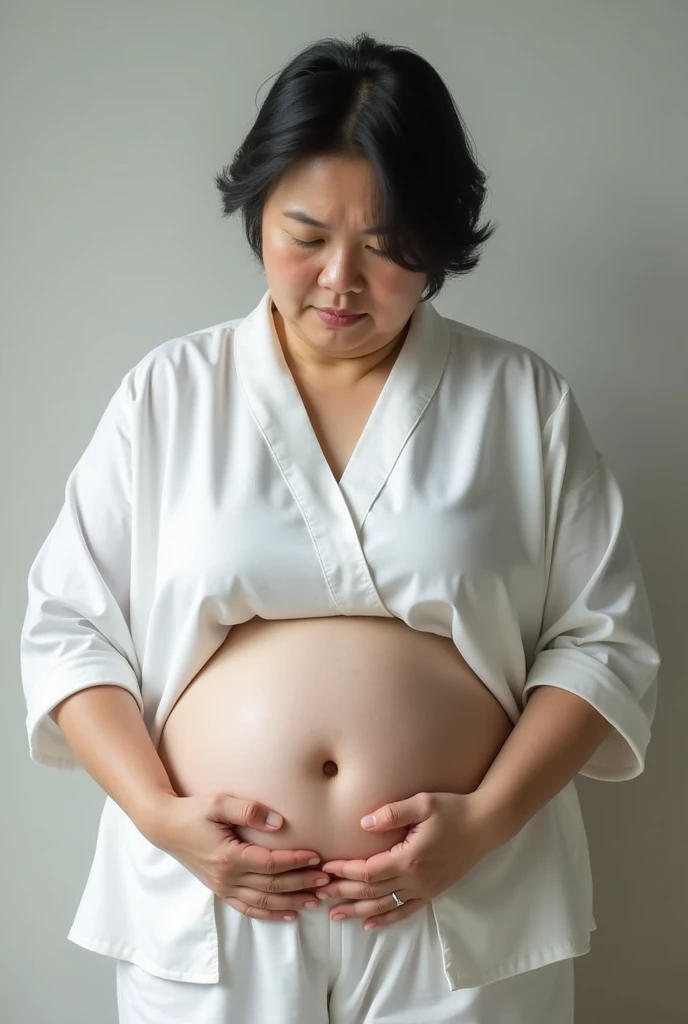 Japanese woman in her 50s。Right facing。Looking Down。The upper body is dressed in white。BMI 25~Body type: about 30。My stomach is protruding due to obesity.。Hands on stomach。No exposed abdominal skin。The angle of view is mainly focused on the abdomen.。
