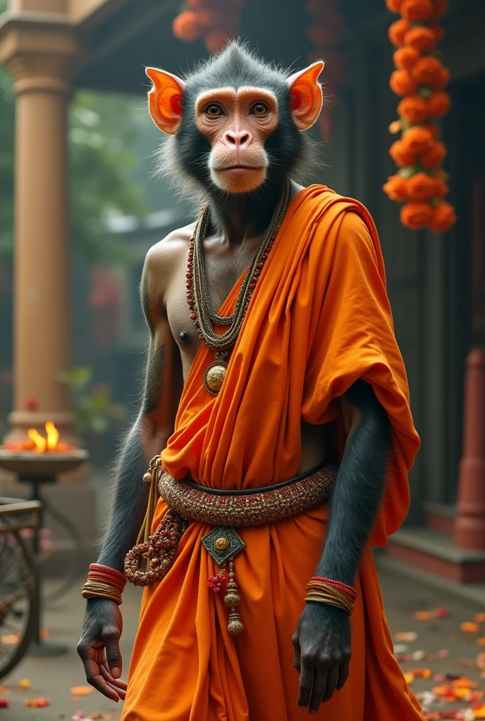 A man with monkey face in indian traditional clothes of orange colour