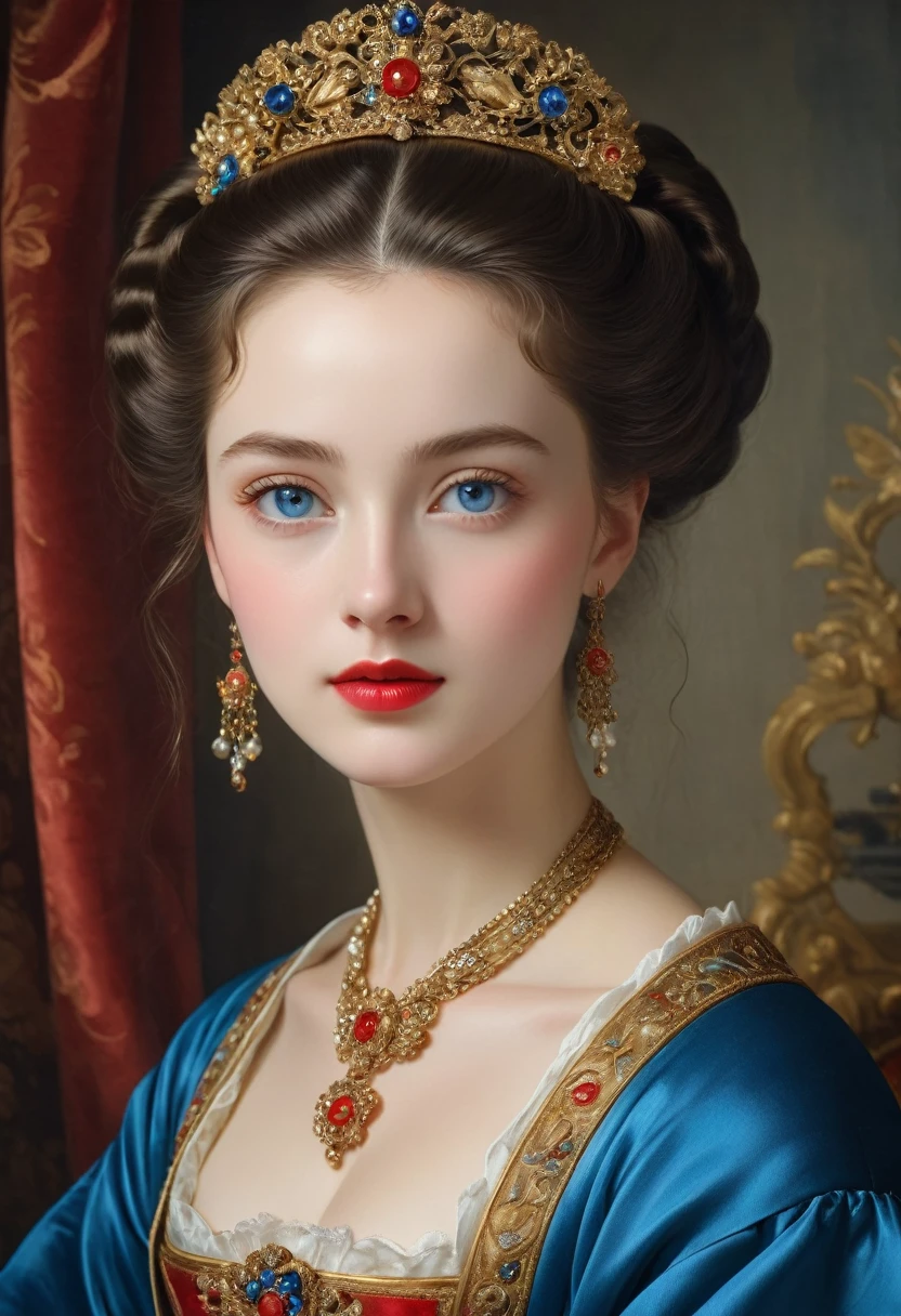 (high resolution,masterpiece:1.2),(Practical:1.37)Portrait of a French noble girl, 18th century,Gorgeous. She has charming blue eyes and delicate red lips. The portrait is very detailed, Capturing every nuance of her face. She was wearing an exquisite silk robe, 饰有复杂的蕾丝and refined的刺绣. This painting shows the opulence of that era, The background is rich velvet curtains and gilded furniture. Soft and diffuse light, Highlight the girl's elegant beauty. The colors are vivid and rich, Create a fascinating visual experience. This portrait was created in the style of classical portraiture, Reminiscent of the works of famous artists of that era. 散发着grace气息, grace, and refined.