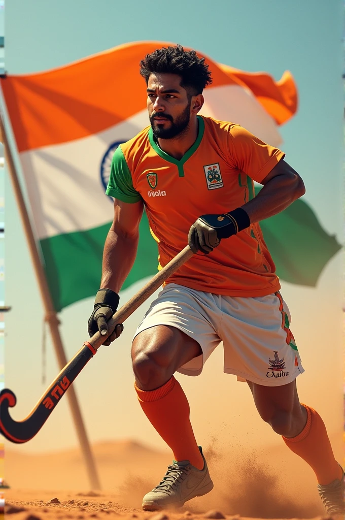 A Indian hockey player in Indian Sahara joursey and playing while holding a hockey stick in Indian color theme grip in hand and Indian flag behind 