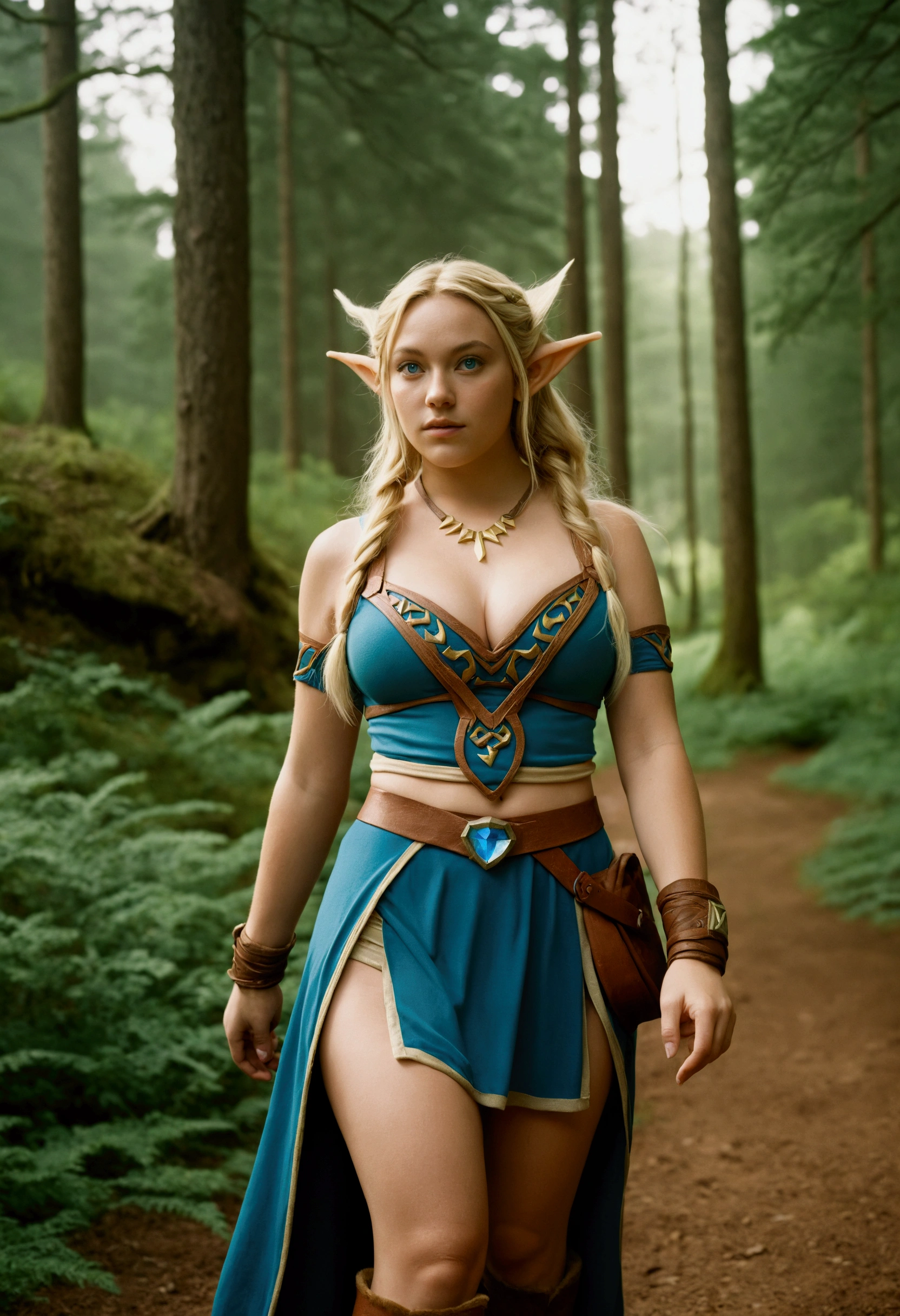 analog film photo, photo of a Hylian girl, elf ears, azure eyes, wavy blonde hair, tan complexion, tall stature, voluptuous hourglass figure, full hips, plump round buttocks, wearing a bralette and a battle skirt, strolling through Hyrule's wilderness, resembles Hilary Duff, RAW Photograph, dslr, soft lighting, high quality, film grain, Fujifilm XT3, detailed skin with visible pores, insane details, masterpiece, 8k, 35mm photograph, dslr, kodachrome, faded film, desaturated, grainy, vintage, Lomography, stained, highly detailed, found footage, close-up shot, elven ears