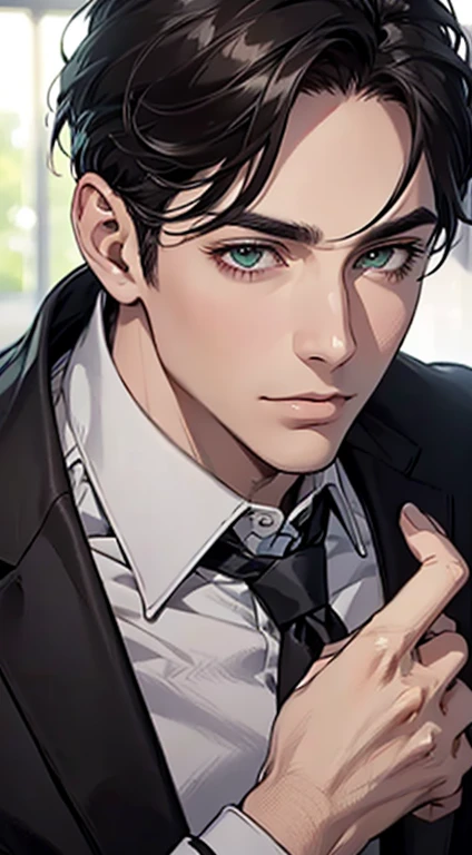 (Highest quality,4K,8K,High resolution,masterpiece:1.2),Super detailed,(Realistic,photoRealistic,photo-Realistic:1.37),1 person,35 years old,Mature Men,Beautiful skin、very handsome,Expressionless,Short gray Black hair,green eyes,Sharp Eyes,A perfect face without a doubt,Businessman, CEO, Office Background,Cinema Lighting,HDR image,tie、