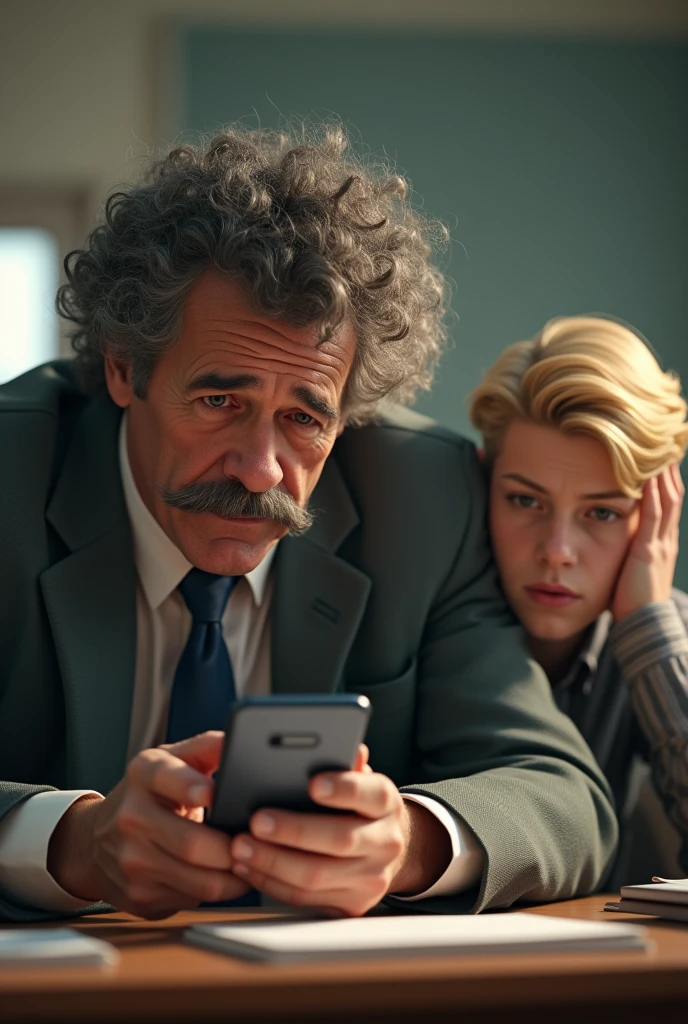 Generate an image of a teacher, colocho,with a mustache and a blond guy giving classes Now that same teacher receives bad news on his cell phone