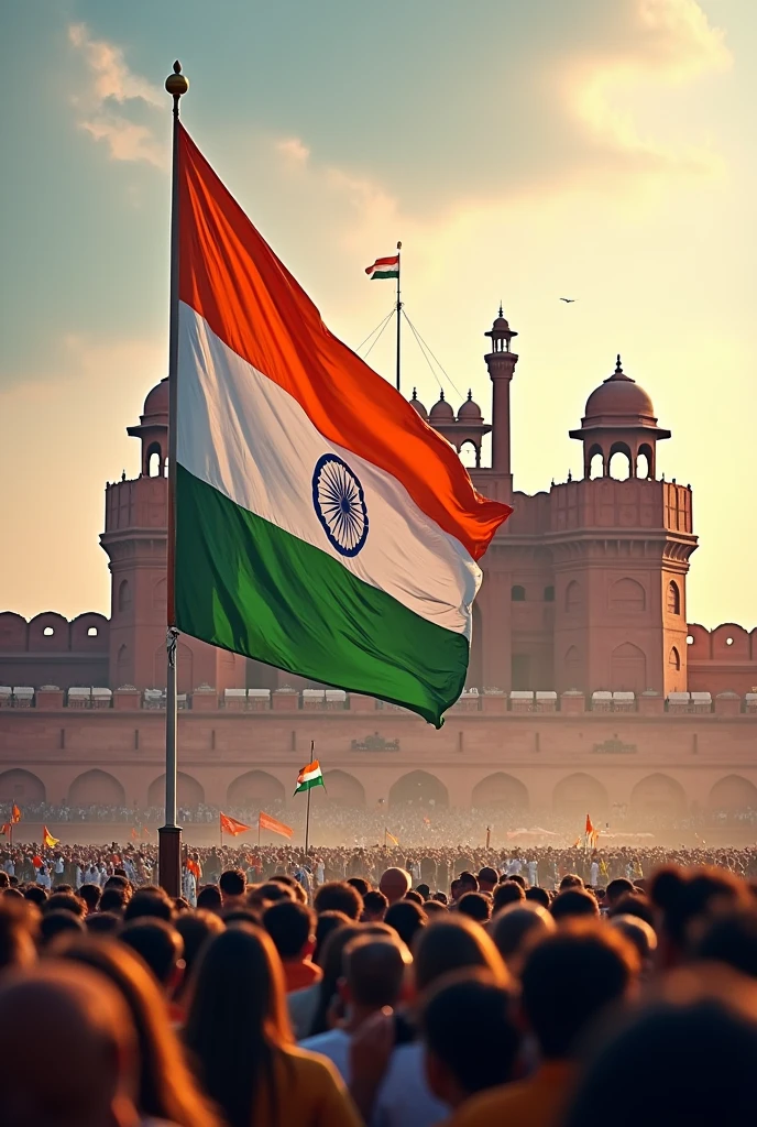 Create a image on 78th independence day of India celebrating in Red Fort with big indian flag behind it that is clearly visible