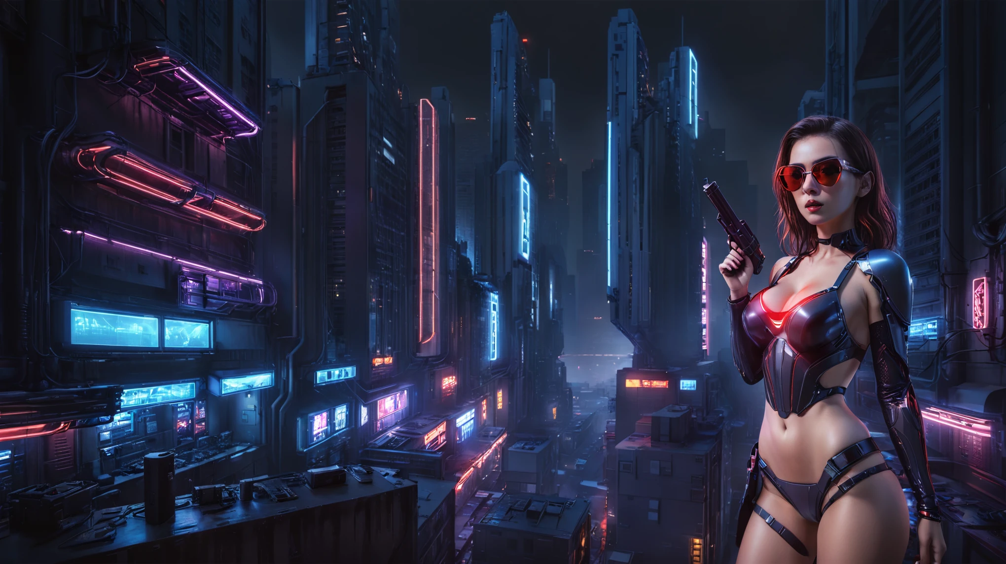 (High view). There's a cyborg woman (8k) wearing a futuristic leotard (best quality) standing in a cyberpunk city alley at night, darksynth aesthetic, red neons, haze, 1drone, foggy night, ultra detailed, photorealistic, (1girl, solo, alone), large-breast:1.2 slim body, cleavage:1.1, (black sunglasses), (holding a pistol), half-body thigh level medium shot, cinematic lighting, ray tracing.