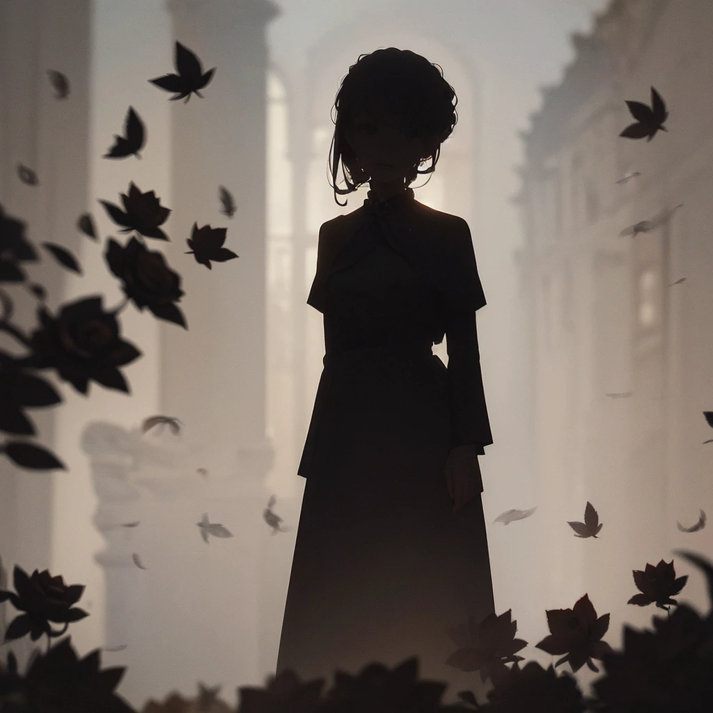 1girl, (silhouette:1.3), blackwork, morbid, macabre, leaf, roses, skulls, abstract, ambient lighting, (blurry background, blurry foreground, depth of field:1.3), swirling mist, rainbow mist, traditional texture, dripping