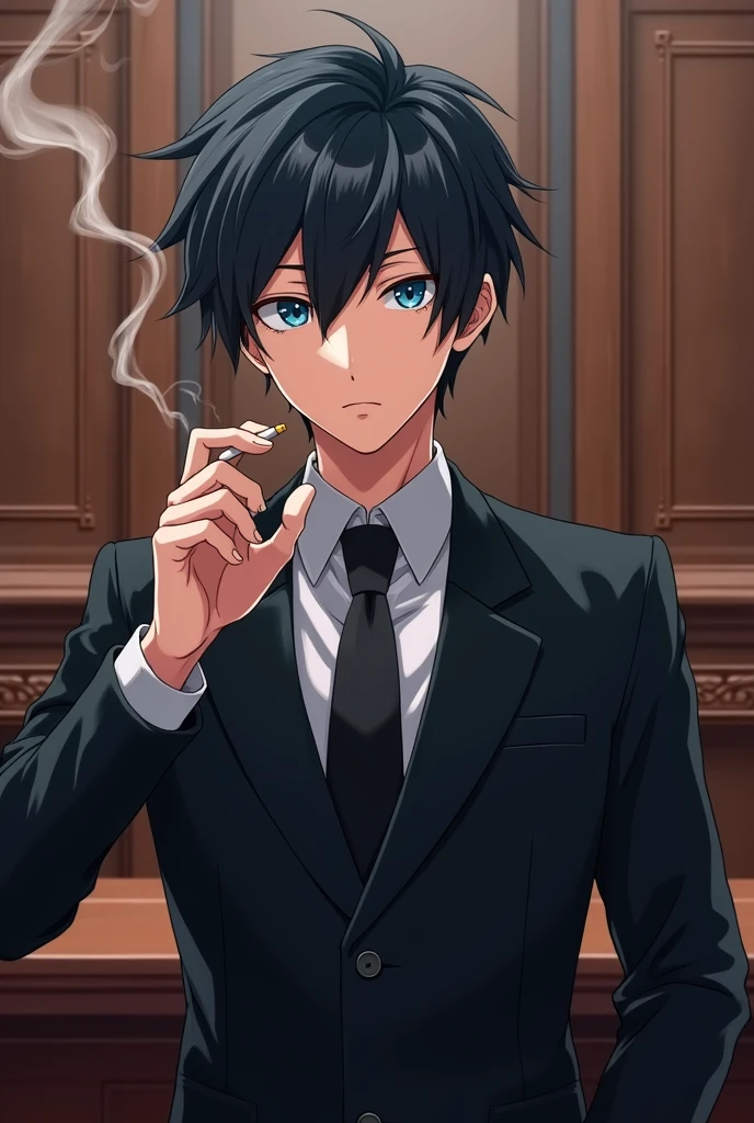 Anime style image of a man around 23 years old, black hair similar to the character Sung Jin woo from Solo Leveling, blue colored eyes, wearing a black lawyer suit and a more serious face and expression, smoking a cigarette and the scene behind him is a courtroom 