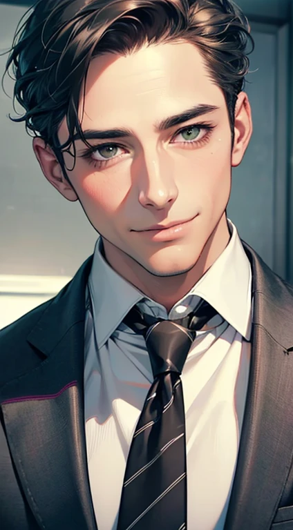 (Highest quality,4K,8K,High resolution,masterpiece:1.2),Super detailed,(Realistic,photoRealistic,photo-Realistic:1.37),1 person,34 years old,Mature Men,Beautiful skin、very handsome,Expressionless smile in love,Short gray Black hair,green eyes,Sharp Eyes,A perfect face without a doubt,Businessman, CEO, Office Background,Cinema Lighting,HDR image,tie、