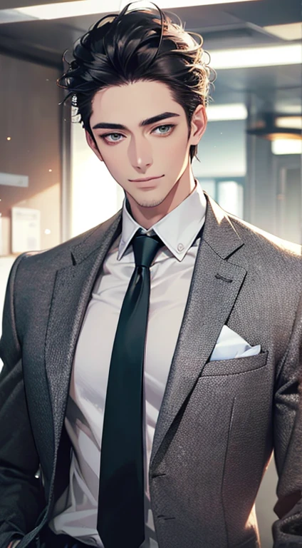 (Highest quality,4K,8K,High resolution,masterpiece:1.2),Super detailed,(Realistic,photoRealistic,photo-Realistic:1.37),1 person,34 years old,Mature Men,Beautiful skin、very handsome,Expressionless smile in love,Short gray Black hair,green eyes,Sharp Eyes,A perfect face without a doubt,Businessman, CEO, Office Background,Cinema Lighting,HDR image,tie、