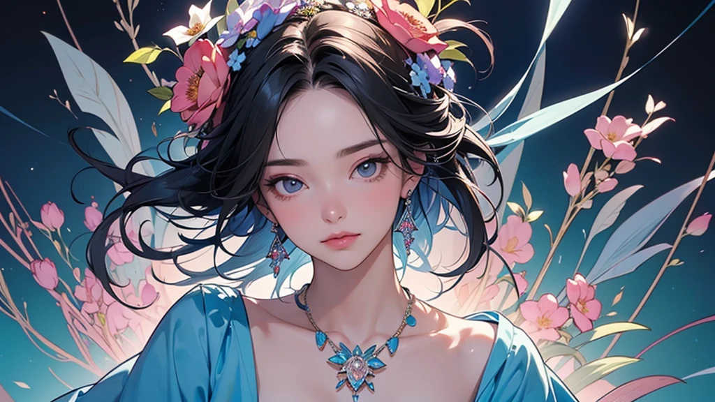 32K, 最高quality, 最高masterpiece, (ultra-Detailed Background, Detailed Background), High resolution, Super detailed, Very detailedな, 1 personの, (bouquet:1.3), (Tangled:1.2), (Geometric:1.2),(colorful),(masterpiece, quality, best quality, Official Art, Beautiful and beautiful:1.2), (1 person:1.3), Very detailed,(colorful:1.1)(Flowers:1.3),Most detailed,(Tangled:1.2), whole body, (Abstract background:1.3), (Skin glows), (Many colors:1.4), ,(Earrings Jewelry:1.5), Light Blue Background,