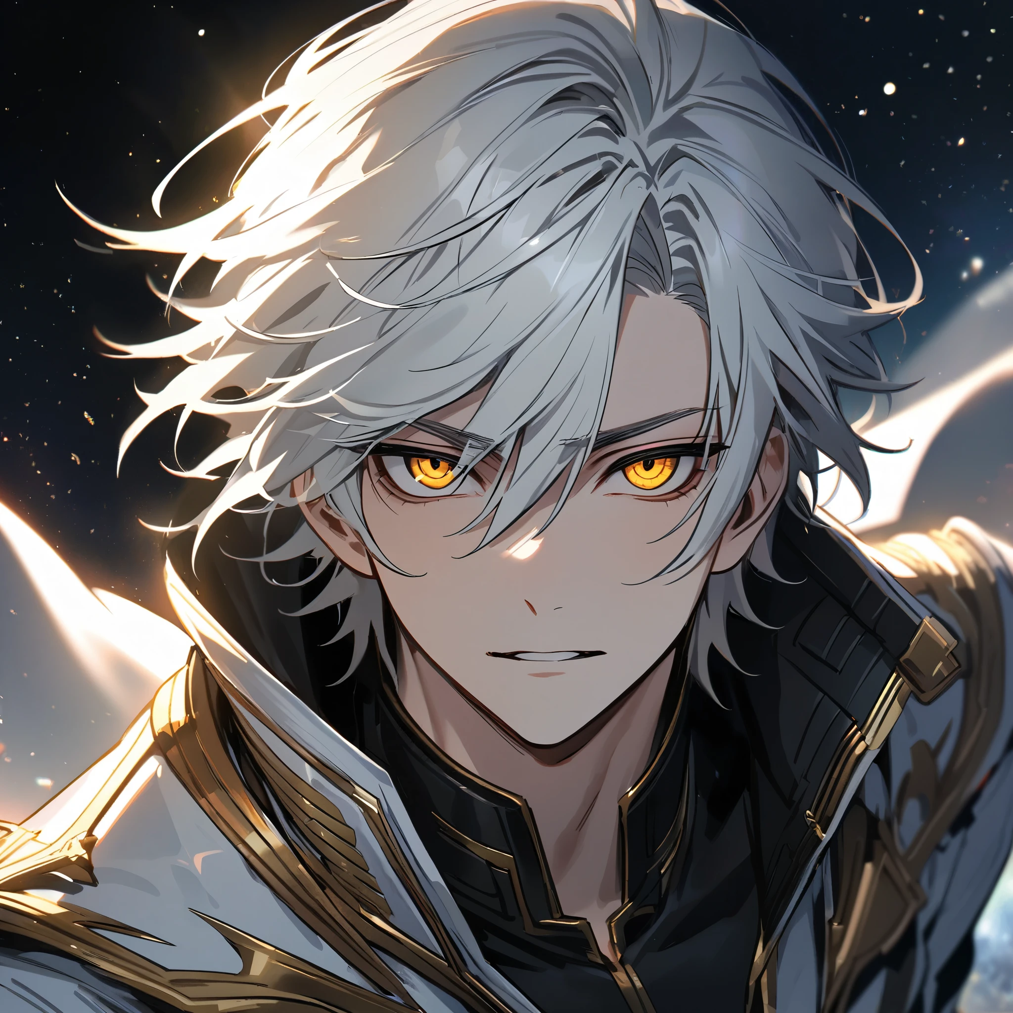 High quality, HD, 4k, no shadows, handsome male, handsome, 1male, 18 years old, 18yo, short white hair, white hair, white hair, white hair, sharp eyes, deep golden colored eyes, dark gold colored eyes, deep gold eyes, gold eyes, devil may cry, close up, calm expression, stoic expression, black leather clothes, white leather clothing, lean body, well trained body, upper body, looking at viewer, cowboy shot, white solar, space background