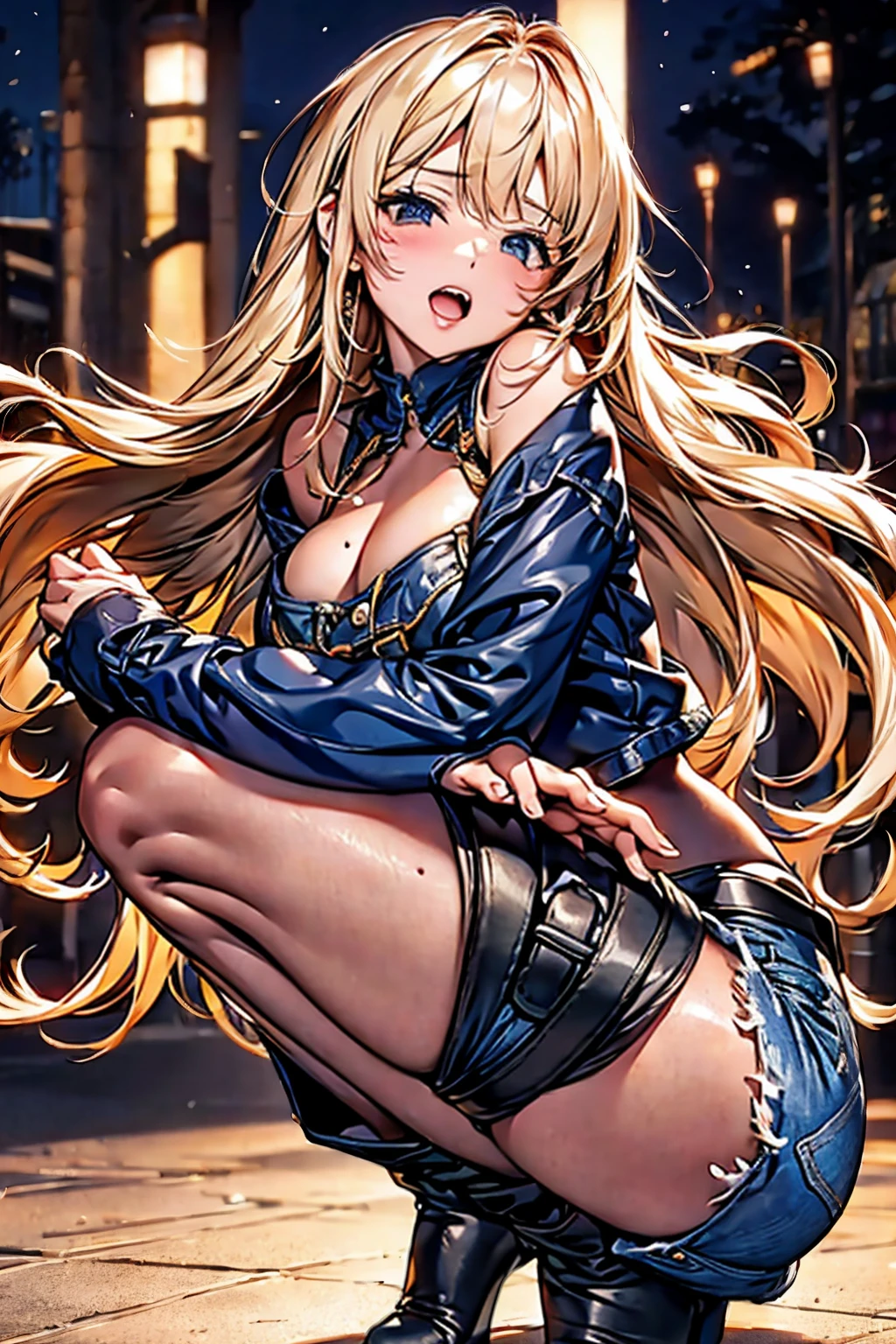 Browsing Caution,(Highest quality, 8k, masterpiece:1.3,beautiful girl), (Very detailed)Glowing Skin,(((Long Hair,blonde,Beautiful Hair))),(Perfect Anatomy, Anatomically correct, Very detailed肌),((Golden Eyes)),((Perfect Fingers,Five Fingers)), Baby Face, Mole under the eye, ((White tube top, Navy blue denim shorts with distressed detailing....、Black platform boots), Fancy earrings、Gold bracelet、Double teeth,Big Breasts,Big Ass、night、Port town、front、concentrated、Sunburn、Squat、Place your arms behind your head、Wink、Blowing a Kiss、Front Angle