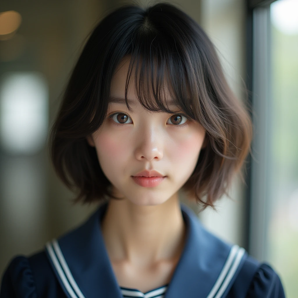 Highest quality, Face Focus, Soft Light, Ultra-high resolution, (Realistic:1.4), RAW Photos, 1 Japan, alone, cute, (A shy smile:0.5), (Brown eyes, Light in your eyes), Beautiful face in every detail, (Small box),(High resolution detail of human skin texture), (Short Bob Hair), break, at school,uniform, Best, skirt、From the second floor、valley