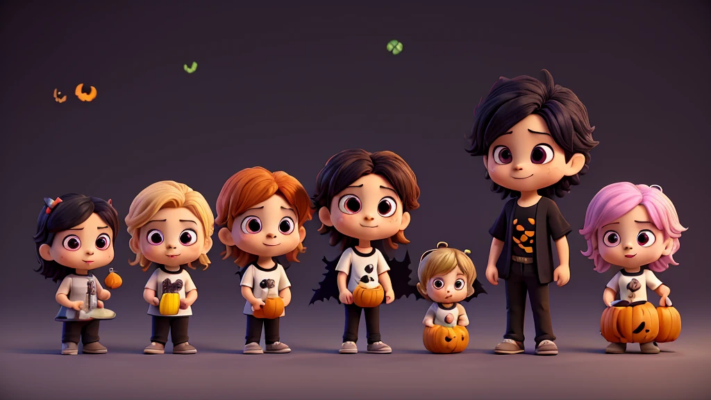 Cute cartoon jack-o'-lantern pumpkin boy, young werewolf, young Frankenstein, young Sadako and young mummy all wearing a black and white striped t-shirt, holding a jar of candy and a purple drink in a clear cup with a straw with different gestures. Background is light pink with small black bats flying around. Halloween-themed illustration with a kawaii style.