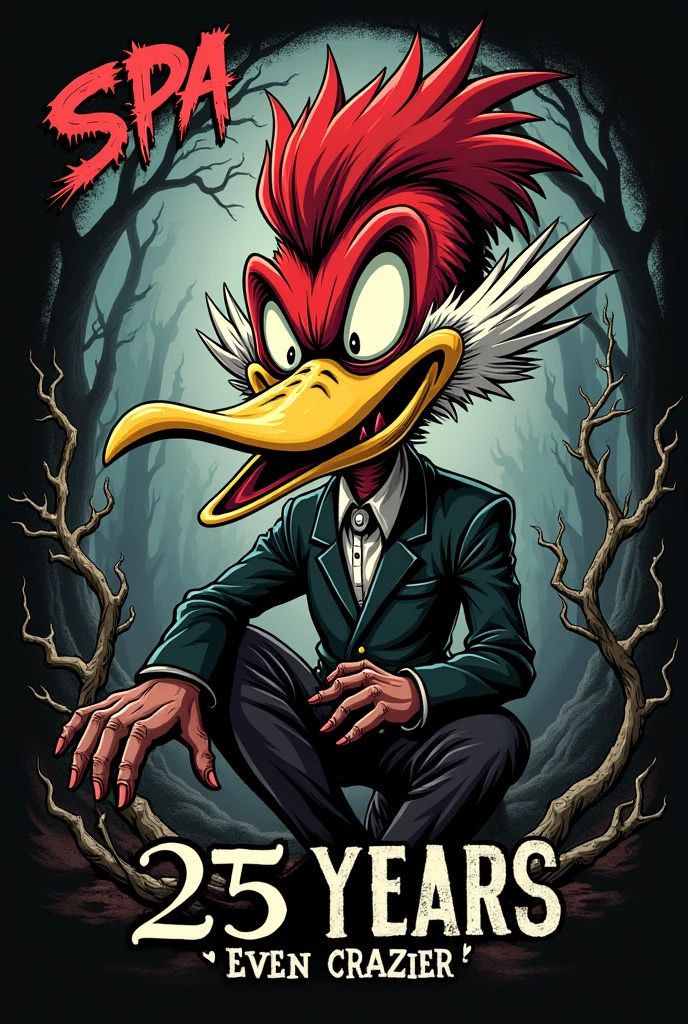 print for shirt, The Woody Woodpecker Show, a dark, twisted Tim Burton-esque Mad Hatter style with the phrase "SPA 25 YEARS, even crazier"