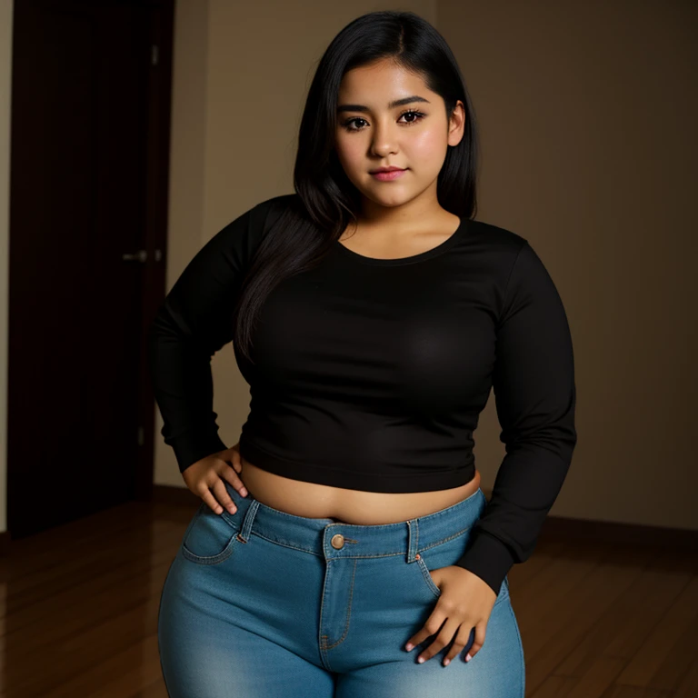 body photo, beautiful detailed, cute face, mexican , slightly chubby hips, short black hair, black hair over one eye, long sleeve plain T-shirt, long pants, fat wide hips, solo, 