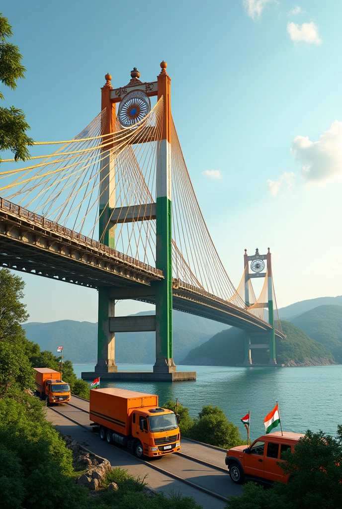 A vibrant, newly constructed bridge features columns decorated in the colors of the Indian flag: saffron, white, and green, with the Ashoka Chakra at the center. The bridge extends over a river and includes construction vehicles and scaffolding in the foreground. The background showcases lush greenery and other sections of the bridge, creating a harmonious blend with the natural landscape, while small Indian flags flutter nearby.