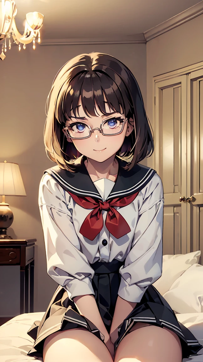 Shibuya Aria, (((metal-rimmed glasses:1.5))), short bob, brown hair, small chest, - shirt, dress, bright red ribbon, uniform, sailor uniform, light beige sailor uniform, white cloth sailor collar, sailor collar with black lines, grey and green striped skirt, pleated skirt, Yuigaoka Girls' High School uniform, ---(8K, raw, highest quality, real 1.2), ultra high quality, high resolution, highest quality, perfect face, perfect limbs, perfect fingers, high resolution, (beautiful anime face, cute face, detailed face), smile of joy, smiling expression, sitting on bed, cowboy shot, miniature human hand, (((medium bust 1.3))), (((thin thighs 1.3))), ((white walls bedroom 1.5)), ((white framed bed 1.5)), ((white ceiling bedroom 1.5)), ((divine light 1.5)), pure white chalk interior, pure white marble interior, ((Pure white bedroom like a Western castle: 1.5)), ((Luxurious pure white canopy bed: 1.4)), ((Chandelier: 1.4))), ((Pure white bed 1.5)), ((Beautifully decorated bedroom 1.5)), perfect anatomy, perfect proportions, nice lighting, bright colors, clean lines, information, blurred, stunning facial expression, restless emotions, gorgeous and cute, beautiful face and eyes in every detail, (masterpiece) beautiful face, young and handsome girl, really perfect skin, blurred, stunning facial expression, restless emotions, gorgeous and cute, beautiful face and eyes in every detail, (Audrey Hepburn), (cute), (J-POP idol), (thighs, (depth of field), (depth of field), soft light, glittering lens gaze, (droopy eyes), straight teeth, shy smile, flowing hair, a scene from Blake's movie,