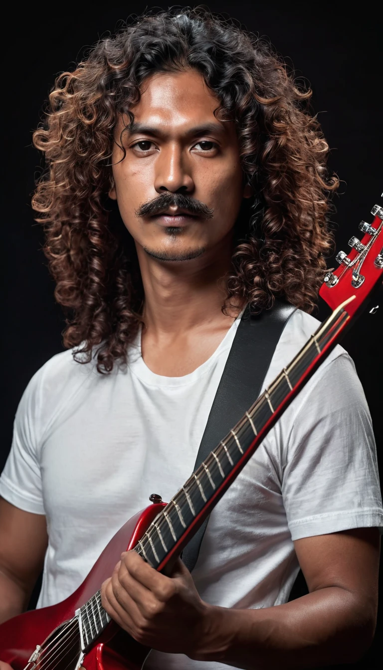 Hyper realistic image,ultra detail,Indonesian man 35 years old,curly hair /long curly hair flowing,thin mustache,wearing a white t-shirt,face looking fierce and focused on the camera,holding a guitar,black gradient background,smoke effect,rustic red in color,ultrahd,16k,image quality,perfect skin,ultra realistic