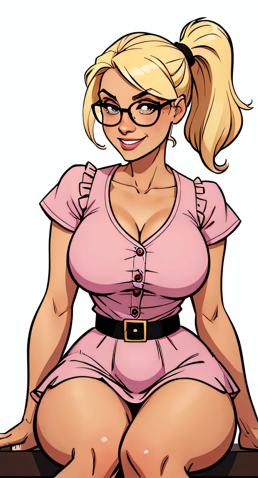 Thin woman, 4K (High definition), beautiful smiling, teacher in pink dress (of buttons) with a V-neck and short sleeves, black belt, with ruffles, pele caucasiana, round glasses, blonde hair with a pony tail, sitting, eyes browns, busty with freckles, confrontation. comic style, white background.