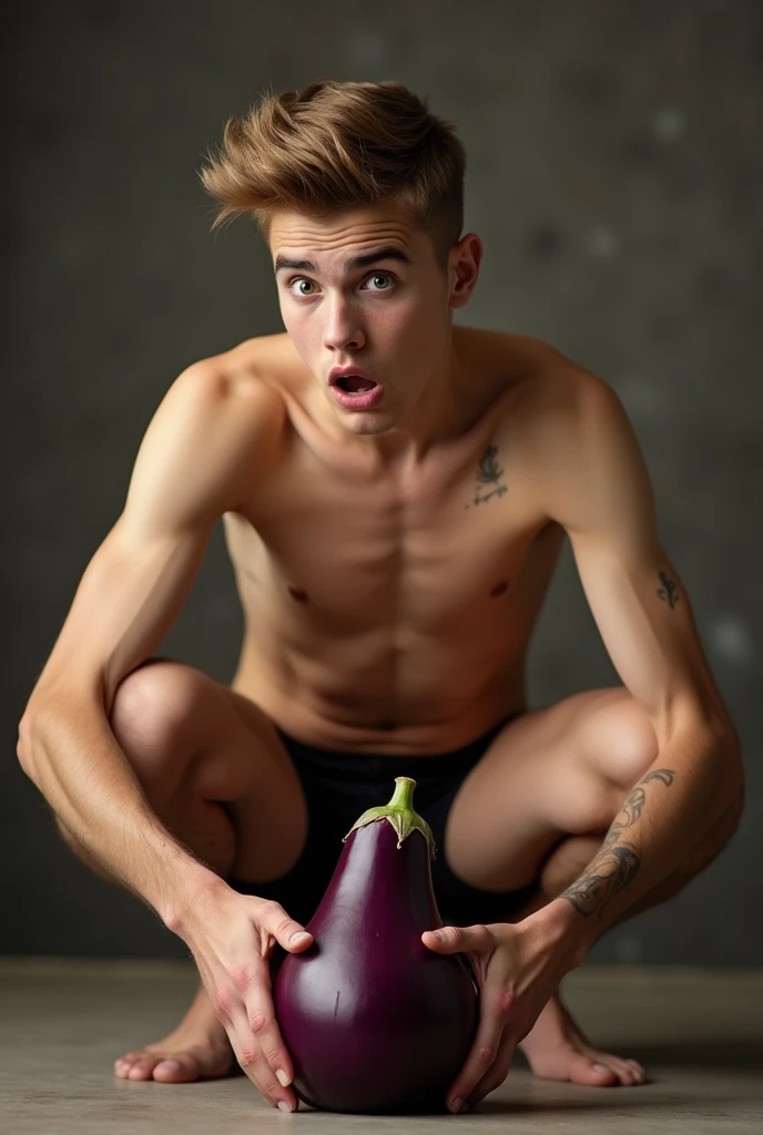 Justin Bieber, naked, putting a eggplant in his but, terrified look on face, squatting over a eggplant