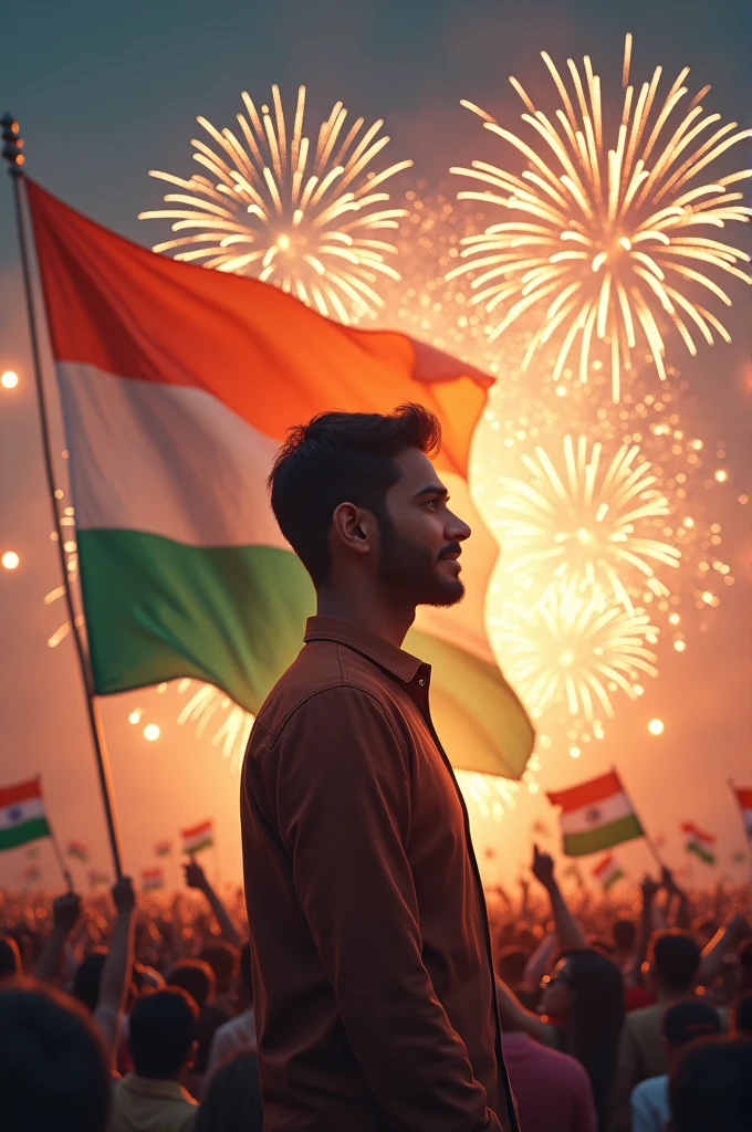 "A celebration of India's Independence Day with the user’s portrait (from the uploaded image) standing proudly in front of a large Indian flag, with fireworks in the sky and people waving flags. The scene is festive, colorful, and vibrant, symbolizing freedom and national pride."