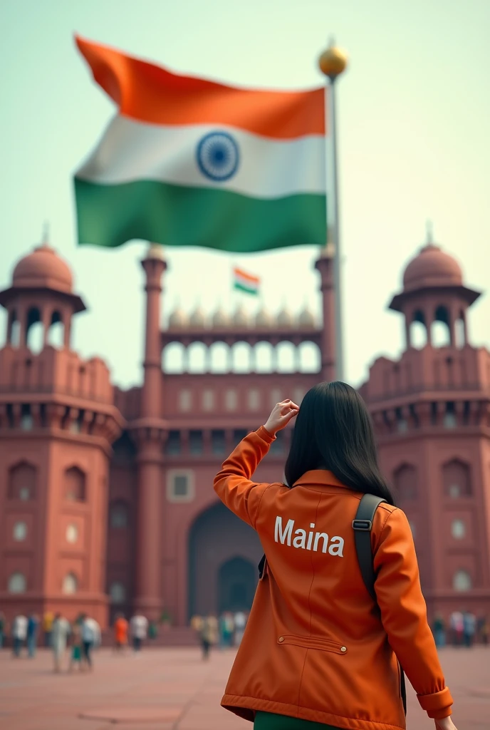 In front of the Red Fort, a large Indian flag is prominently displayed. A Woman is standing and saluting towards the flag, wearing a jacket with the name 'Maina' written on it. Nearby, the words 'Happy Independence Day' are clearly visible, creating a patriotic and powerful 3D scene