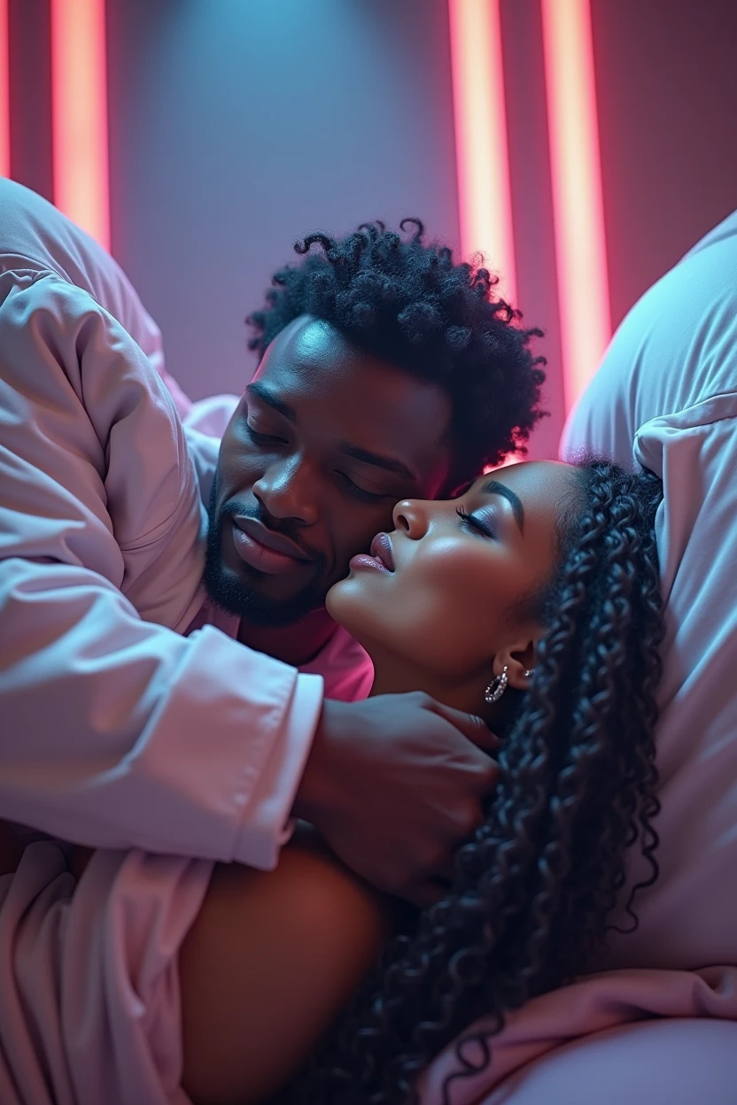 a close-up shot of a handsome black man and an Afro-Latina woman kissing, their lips close together, cinematic lighting, romantic atmosphere, detailed facial features, beautiful skin tones, chiaroscuro lighting, dramatic shadows, intense eye contact, passionate embrace, high quality, photorealistic, 8k, cinematic, dramatic