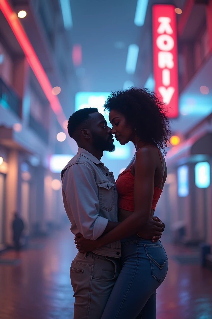 a close-up shot of a handsome black man and an Afro-Latina woman kissing, their lips close together, cinematic lighting, romantic atmosphere, detailed facial features, beautiful skin tones, chiaroscuro lighting, dramatic shadows, intense eye contact, passionate embrace, high quality, photorealistic, 8k, cinematic, dramatic