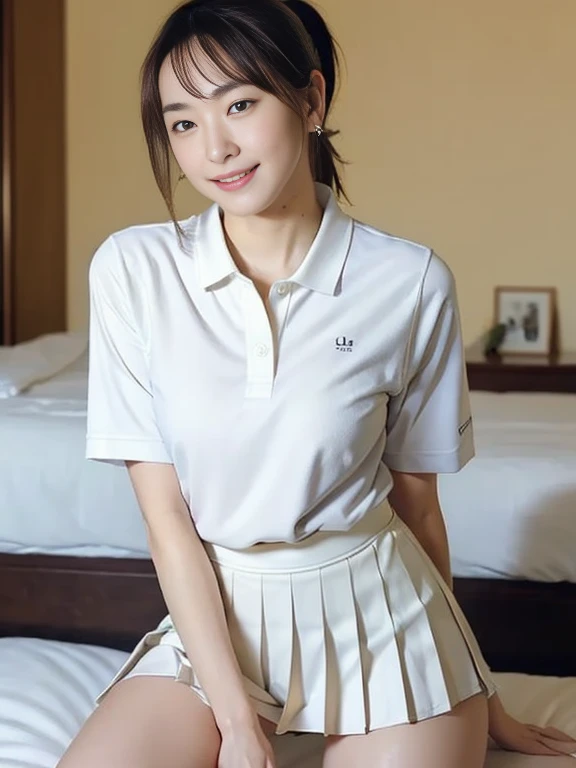 (Masterpiece, Best quality:1.3), (Ultra realistic, Photo-realistic:1.2), looking at each other, Natural light, 28 years old actress, Japanese beautiful 2 women, Neat and clean, (White tennis uniform, White short-sleeve polo shirt with darknavy line collar:1.1), (unbutton:1.3), (White pleated skirt:1.1), white sock, (ponytail:1.2), (Beautiful faces), Oval face, clear, Beautiful eyes, Kind eyes, Clear skin, Small face, Beautiful mouth, Small mouth, Natural makeup, Approachable, (nsfw:1.1), Seductive smile, (Seductive pose:1.2), (Beautiful thighs:1.1), (Bedroom eyes:1.1), Embarrassed, Blush, Luxury hotel Suite room, On bed, obscene reality of girls, (lesbian couple , petting together:1.1), grabbing crotch, erotic touch, (arms behind back:1.1),