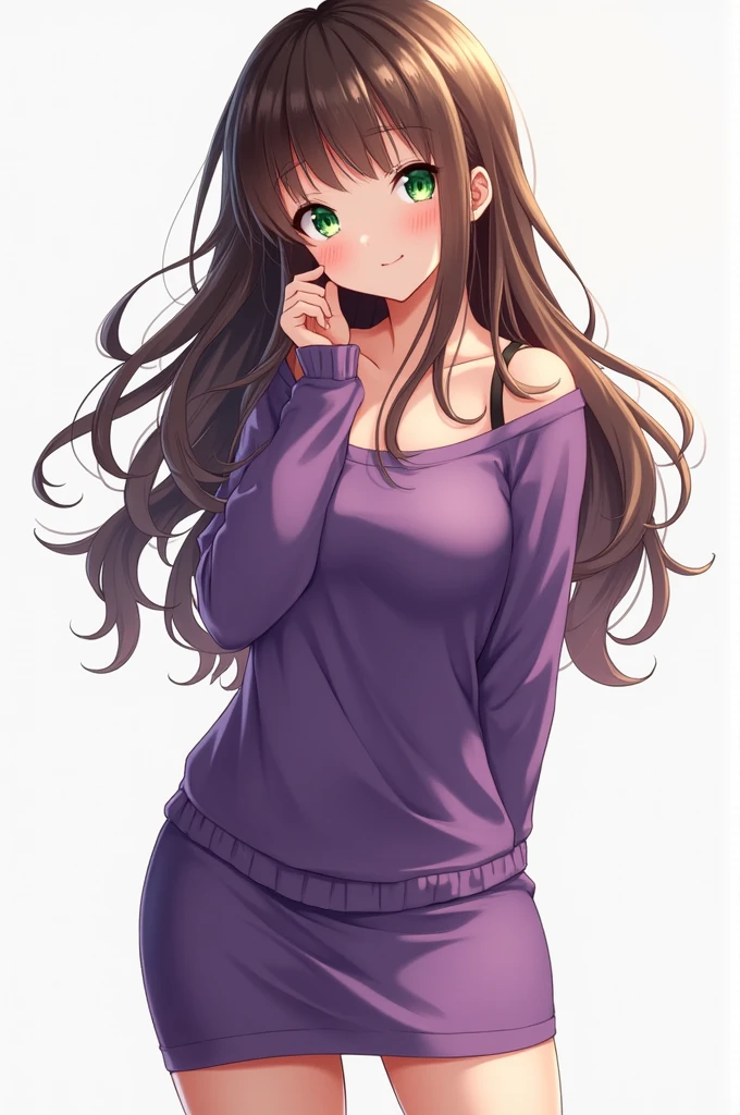 a light skinned girl, green eyes, brown hair with blonde highlights, with bangs on one side, innocent eyes, curvy body, big breasts and wide hips, purple sweater, purple skirt, and black shoes. anime style