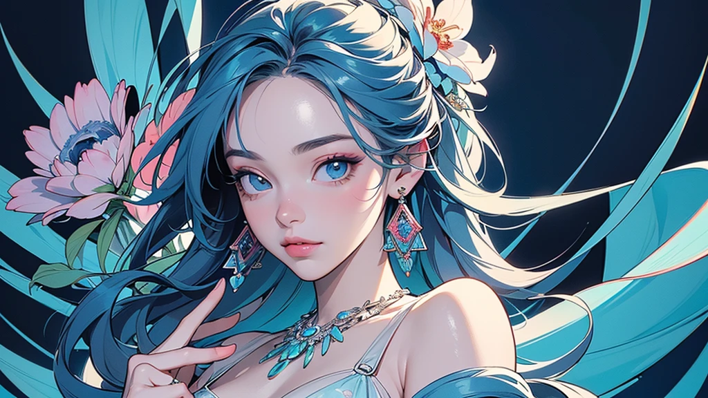 32K, 最高quality, 最高masterpiece, (ultra-Detailed Background, Detailed Background), High resolution, Super detailed, Very detailedな, 1 personの, (bouquet:1.3), (Tangled:1.2), (Geometric:1.2),(colorful),(masterpiece, quality, best quality, Official Art, Beautiful and beautiful:1.2), (1 person:1.3), Very detailed,(colorful:1.1)(Flowers:1.3),Most detailed,(Tangled:1.2), whole body, (Abstract background:1.3), (Skin glows), (Many colors:1.4), ,(Earrings Jewelry:1.5), Light Blue Background,
