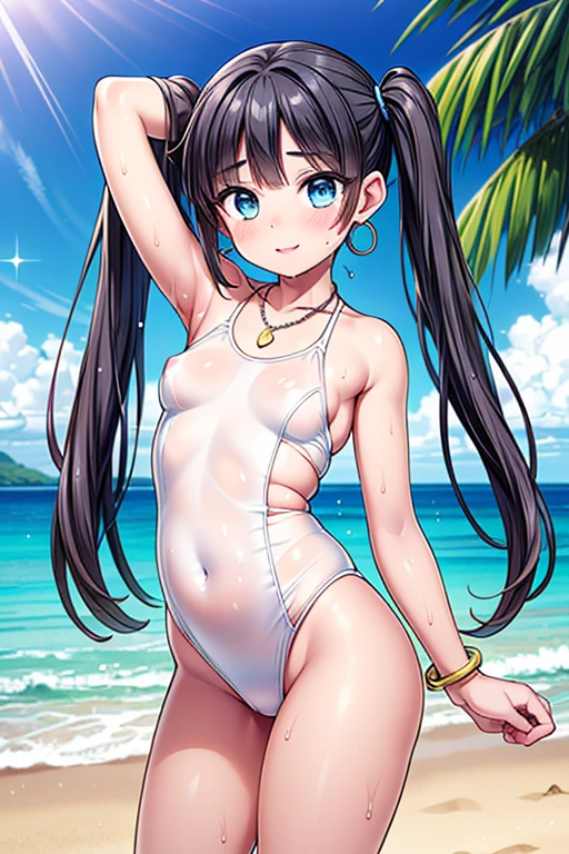 A girl posing for a photo, ((One Girl)), (((Baby Face:1.7)) + ((cute:1.5)) + ((15 years old))),
break
#Clothing Accessories
((White high leg monokini swimsuit:1.1)) + (Covered nipples:1.1) + white high heel sandals,
(Gold Hoop Earrings), (gold fancy bracelet), (A necklace studded with many precious stones),
break
#Features
((Black Hair:1.2)) + ((Very long side bangs)) + ((Twin tails) : Short Hair + Curly hair + Voluminous Hair + Fuller Hair + Tied with a red ribbon),
((Droopy eyes:1.4, Big eyes:1.2), blue eyes), (Small breasts + Flat chest), (中立的な顔のFeatures),
((sensuous:1.5)),
break
#background environment
((noon, (Sunny tropical beach:1.1), ((blue sky)))),
#Facial Expression Pose
((blush, smile, Open your mouth)), ((A pose standing strongly on both legs、Hands clasped behind the head with armpits visible , Sweating in the body, The swimsuit is very wet, The swimsuit is a little transparent, My swimsuit is wet and shiny)),
#composition
((To the camera), (Angle from the front), (Character Focus), (Cowboy Shot)),
break
#Body parts elements
(Slim figure),
(Symmetrical facial features),
(Detailed Hair, Beautiful Hair, Shiny Hair),
(double eyelid, Long eyelashes, Thin eyebrows:0.5, Thin eyebrows:0.5),
(Expression of fine eyes, Beautiful and delicate eyes, Sparkling eyes, Eye Reflexes, Glitter Eyeliner),
(Human Ear),
(Beautiful Nose, Thin Nose),
(Glossy Lips, Beautiful Lips, Thick lips),
(Detailed skin, Textured skin, Beautiful Skin, Oily skin),
break
#quality
(((最高quality)), ((masterpiece:1.3)), ((Very detailed))), ((Ultra-high resolution)), ((16K)), ((1080P)), ((Full HD)),
((Anatomically correct)), ((Realistic)), (3DCG), ((Oil painting)),
((comics, anime)), (CG illustration), (RAW Photos),