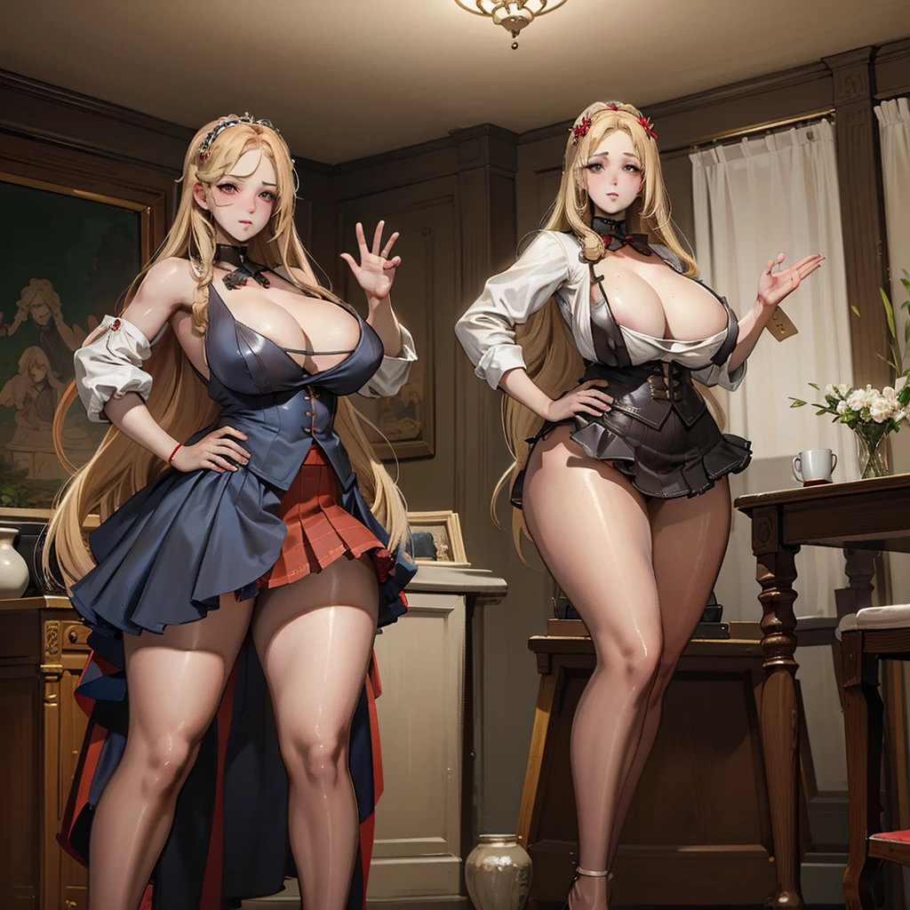 best quality,Very detailed,masterpiece,Extremely detailed,illustration,Blonde Hair ,Hair accessories,Standing,indoor,incredible_absurd,1 Girl,Medium breasts,Red and swollen nose ,Practical,Long hair,summer_skirt,Garter,beautiful girl,waving sv98