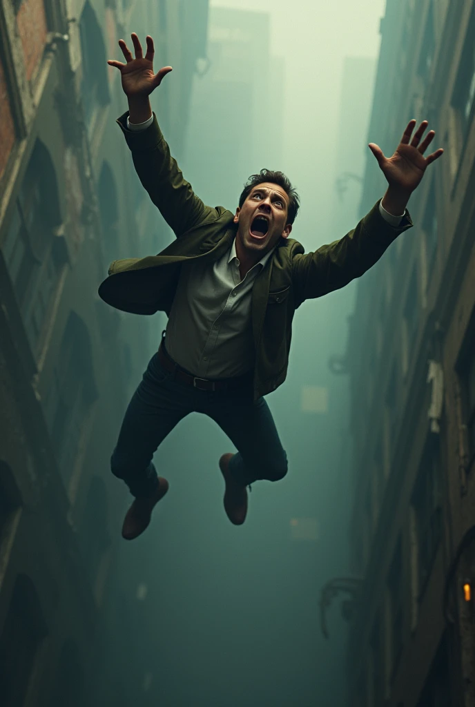 A man falling from a high place, detailed hands reaching up, dramatic action, realistic lighting, cinematic atmosphere, beautiful vibrant colors, hyperrealistic, photorealistic, 8K, best quality, masterpiece. Legs up . Fear face