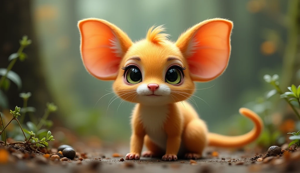A cute little animal that doesn't exist in reality. Realistic fur, big eyes, big ears. Real-life photo.