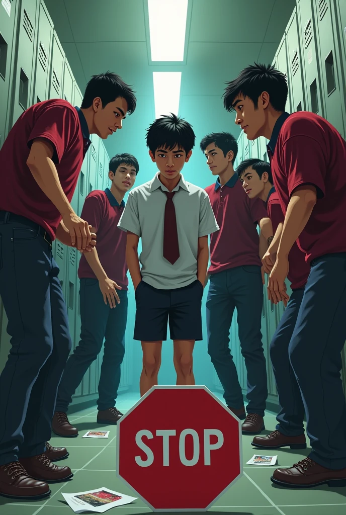 Anti ragging poster,stop humiliation, stop bullying,show a single student uniform being bullied by group of students,show a stop sign there ,also show related incidents regarding bullying and humiliation and show stop sign there