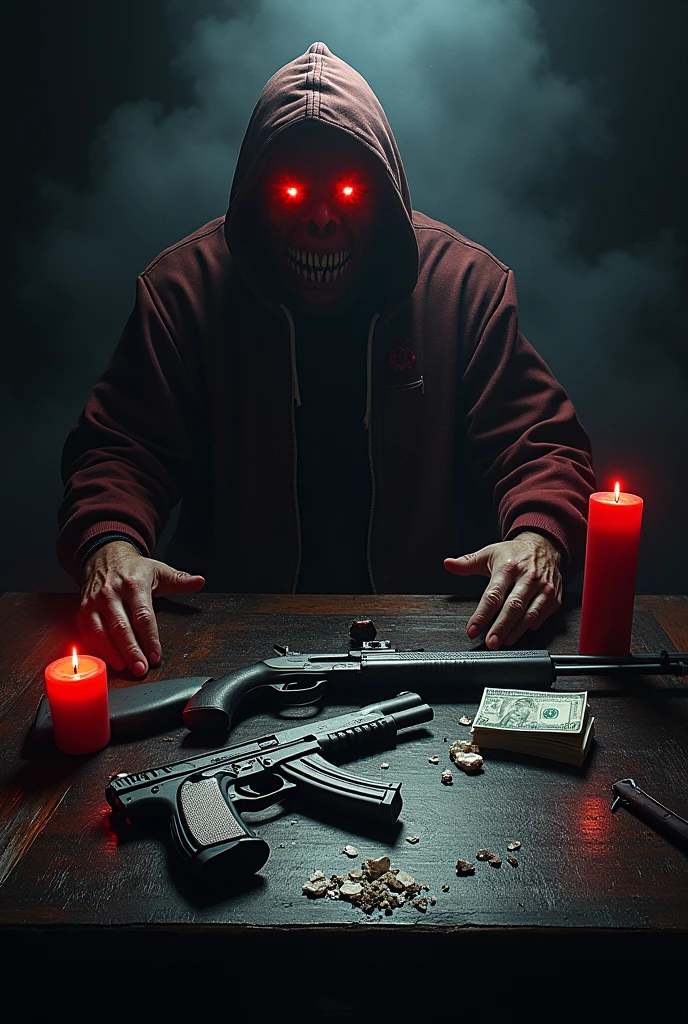 Image of drugs, weapons, money
What it says ENDECALO and OZZIE PR X BIG NILO X ERU 14 without people and that it looks demonic