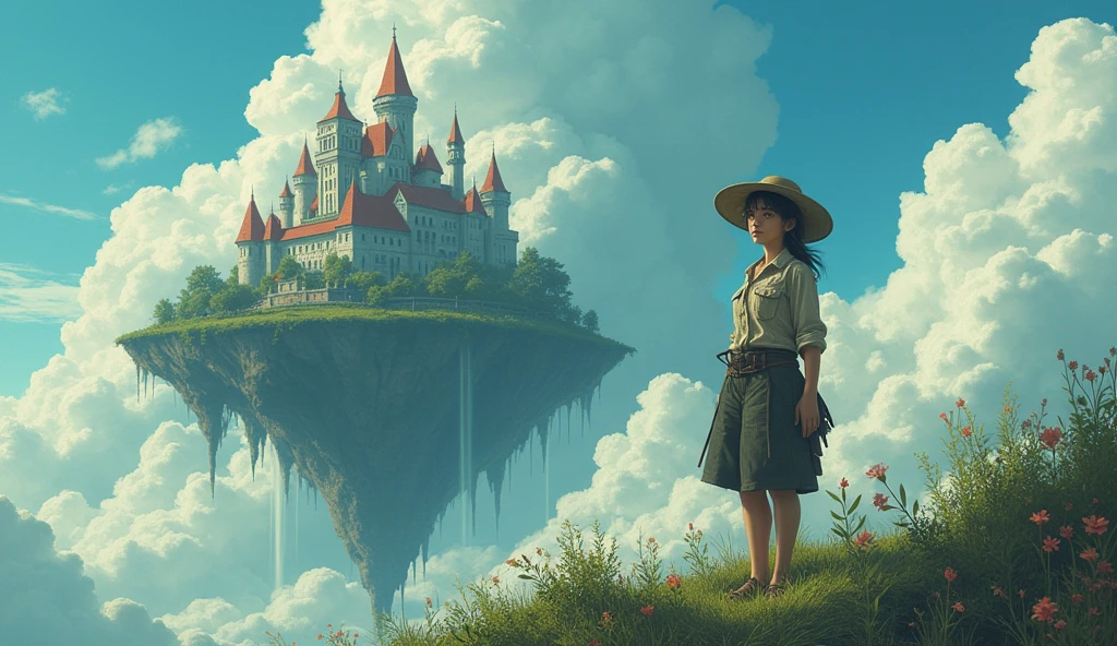 She was just a simple farm worker.. She lives in difficult times., These are the dark times.. , World of madness, Floating Island, Castle of Clouds, (Highest quality:1.3), (High resolution:1), (detailed:1.3), (can't believe it:1.3), (perfection:1.3), (Impeccable:1.3), (volume member art:0), (figure:1.3), Studio Ghibli